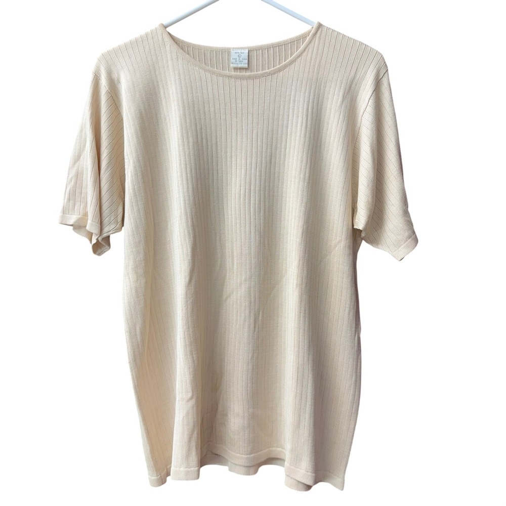 Vintage 100% Silk Knit Top Womens L Cream Ribbed Short Sleeve Crew Neck Staple